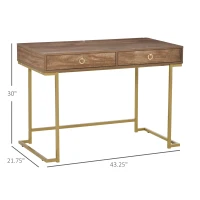 HOMCOM Modern Functional Computer Desk, Vanity Makeup Table with Two Drawers, Metal Frame, Wood Effect Top and Gold Leg for Bedroom, Office(m-3)