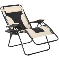 Outsunny Foldable Outdoor Lounge Chair with Footrest, Oversized Padded Zero Gravity Lounge Chair with Headrest, Cup Holders, Armrests for Camping, Lawn, Garden, Pool, Beige(m-9)