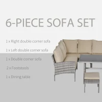 Outsunny 6 PCS Outdoor Patio Dining Table Sets All Weather PE Rattan Sofa Chair Furniture set Indoor Outdoor Backyard Garden with Cushions Khaki(m-7)