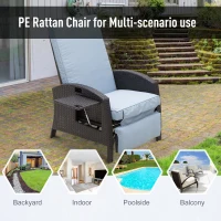 Outsunny Patio Recliner, Outdoor Reclining Chair with Flip-Up Side Table, All-Weather Wicker Metal Frame Chaise with Footrest, Cushions, Coffee, Blue(m-4)
