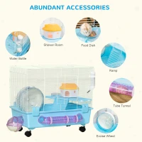 PawHut Hamster Cage, Gerbil Haven, Multi-storey Rodent House, Small Animal Habitats, Large Hide-out, w/ Water Bottle, Tubes, Exercise Wheel, Food Dish, Ramp, Shower Room, Light Blue(m-5)