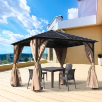 Outsunny 10' x 10' Hardtop Gazebo Canopy with Galvanized Steel Roof, Aluminum Frame, Hook, Outdoor Gazebo with Netting and Curtains for Patio, Garden, Backyard, Deck, Lawn, Light Brown(m-2)