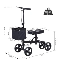 HOMCOM Medical Foldable Steerable Leg Knee Walker Scooter with Basket Attachment - Black(m-3)