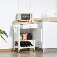 HOMCOM Utility Kitchen Cart, Rolling Kitchen Island with Smooth Rubberwood Top, Narrow Butcher Block Surface on Wheels with Storage Drawer & Cabinet, White(m-8)