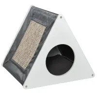 PawHut Wooden Cat House Triangle Shaped Bed Kitten Condo with Removable Cushion, Sisal Scratching Carpet, Grey and White(m-1)