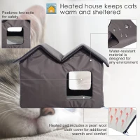 PawHut Double Heated Cat House Portable Indoor/Outdoor Kitty Shelter for Ferral Cat in Winter, Brown(m-4)