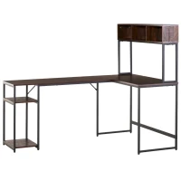 HOMCOM L-Shaped Home Office Desk with Bottom Tower Shelf, 3 Cube Shelves, Computer Writing Desk with Metal Frame, Walnut Brown(m-12)
