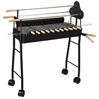 Outsunny 35" Charcoal BBQ Grill and Smoker Combo 2 in 1 Portable Rotisserie with Large/Small Skewers Included and 4 Wheels for Portability(m-1)