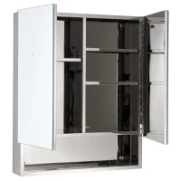 kleankin Bathroom Mirrored Cabinet, 28" x 24" Stainless Steel Frame Medicine Cabinet, Wall-Mounted Storage Organizer with Double Doors and Open Shelf, Silver(m-5)