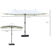 Outsunny Patio Umbrella 15' Steel Rectangular Outdoor Double Sided Market with base, UV Sun Protection & Easy Crank for Deck Pool Patio, Beige(m-3)