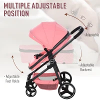 Qaba 2 In 1 Design Lightweight Baby Stroller Basket One-click Foldable Compact Travel Pushchair w/ Reclinable Back Footrest Seat Belt Storage Basket Suspension Wheels For 0-36 Months Pink(m-4)