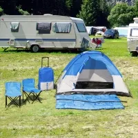 Outsunny 2 Kids Pop Up Camping Tents, Playhouse for Boys Girls with Chairs, Sleeping Bags, Flashlights, Trolley Case, Adventure, Outdoor(m-1)