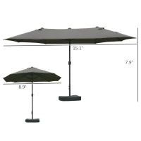 Outsunny Patio Umbrella 15' Steel Rectangular Outdoor Double Sided Market with base, UV Sun Protection & Easy Crank for Deck Pool Patio Dark Gray(m-3)