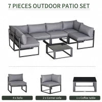 Outsunny 7 Pieces Outdoor Patio Furniture Set, Sofa Couch with Glass Coffee Table, Cushioned Chairs and Metal Frame, for Balcony Garden Backyard, Grey(m-6)