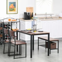 HOMCOM Industrial 4 Piece Dining Room Table Set with Bench Wooden Kitchen Table and Chairs w/ Storage Rack for Kitchen, Dinette, Rustic Brown/Black(m-8)