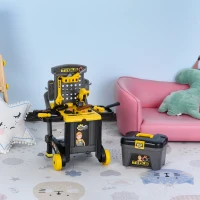 Qaba Workbench Set Pretend Play Toy with Realistic Tools 3-in-1 Design Suitcase Cart with 60 Pcs Accessories for Girls and Boys 3 to 6 Years Old Yellow(m-1)