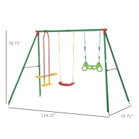 Outsunny 3 in 1 Kids Metal Swing Set w/ Monkey Bar Rings Glider and Adjustable Hanging Rope, Multiple Kids Playground Equipment for Backyard(m-3)