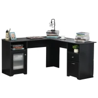 HOMCOM L-Shaped Corner Computer Desk PC Workstation Student Writing Table with Storage Shelf & Drawers, Black(m-1)