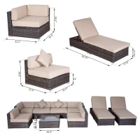 Outsunny 9 Pieces Wicker Patio Furniture Set with Cushion, PE Rattan Outdoor Conversation Set Sectional Sofa Set with 2 Loungers and Glass Tabletop, Aluminum Frame, Brown & Beige(m-3)