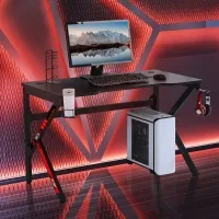 HOMCOM 47 inch Gaming Desk, Racing Style Computer Table, Home Office Workstation with Rotatable Cup Holder, Headphone Hook, Gamepad Stand, Wire Port, Black(m-1)