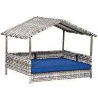 PawHut Pet House Wicker, for Indoor/Outdoor Rattan Furniture, with Water-Resistant and Removable Cushions, Elevated Bottom, Dark Blue(m-1)