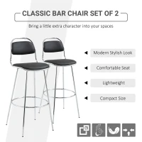HOMCOM Height Bar Stools Set of 2, Classic PU Leather Bar Chairs for Counter Kitchen with Backrest and Footrest, Black(m-4)