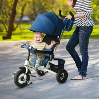 Qaba 4-in-1 Baby Tricycle & Stroller Kids Trike w/ Pushbar & Canopy Toddler Blue(m-1)