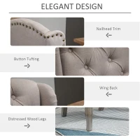 HOMCOM Button Tufted Dining Chair, French Accent Chair with Wingback, Nailhead Trim and Wood Legs, Beige(m-4)
