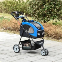 PawHut Pet Stroller Foldable Dog Cat Travel Carriage 5 In 1 Design Carrying Shoulder Bag Backpack Stroller Luggage with Universal Wheel Canopy Basket Cup Holder Blue(m-1)