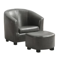 Monarch Kids' Upholstered Leather-Look Barrel Club Chair with Matching Ottoman - Charcoal Grey(m-1)