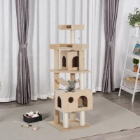 Pawhut 65.2 Inch Cat Tree Scratching Post Pet Furniture with Condo, Hammock, Toy - Beige(m-1)