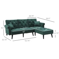 HOMCOM Modern Fabric Sectional Sofa Bed Set, Double Sofa and Chaise Lounge with Adjustable Backrest and 2 Removable Cushions, for Living Room Waiting Room, Dark Green(m-3)