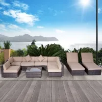 Outsunny 9 Pieces Wicker Patio Furniture Set with Cushion, PE Rattan Outdoor Conversation Set Sectional Sofa Set with 2 Loungers and Glass Tabletop, Aluminum Frame, Brown & Beige(m-1)