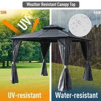 Outsunny 10' x 10' Steel Hardtop Gazebo Garden Sun Shelter with Mosquito Netting and Curtains Hanging Hook Aluminum Frame(m-7)