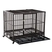 PawHut 42" Heavy Duty Dog Crate Metal Cage Kennel with Lockable Wheels, Double Door and Removable Tray, Brown(m-1)
