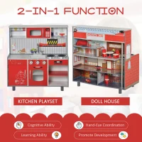 Qaba 2 in 1 Multifuction Kids Kitchen Play Set with Accessories Large Play Kitchen Red(m-6)