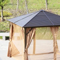 Outsunny 10' x 10' Hardtop Gazebo Canopy with Galvanized Steel Roof, Aluminum Frame, Hook, Outdoor Gazebo with Netting and Curtains for Patio, Garden, Backyard, Deck, Lawn, Light Brown(m-10)