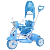 Qaba Kids Tricycle Ride-On Moped Canopy Tricycle with Stylish Design & Interactive Music & Lighting Functions, Gift for Baby Toddler Boys Girls, Blue(m-10)