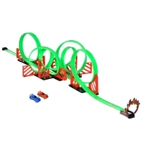 Qaba Race Track Set Track Builder Loop Kit Criss Cross Track Set Starter Kit with Pull-back Cars for 3-6 years old Boys and Girls Green(m-1)