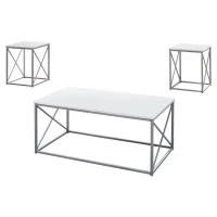 Monarch 3 Piece Modern Minimalist X Braced Laminate Top Coffee Table / Two Matching End Tables Set - White, Silver Metal(m-1)