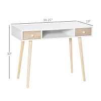HOMCOM Kids Wooden Work Study Desk Makeup Vanity and Writing Computer Table with Storage Drawers & Pinewood Legs, White and Natural(m-3)