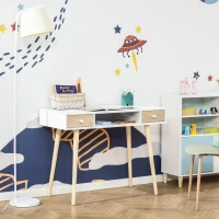 HOMCOM Kids Wooden Work Study Desk Makeup Vanity and Writing Computer Table with Storage Drawers & Pinewood Legs, White and Natural(m-2)