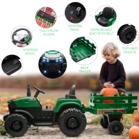 Aosom 12V 7AH Kids Ride On Tractor, Electric Battery Powered Agricultural Toy Car, w/ Back Trailer, Adjustable Speed, 10 LED Headlights, Green(m-5)