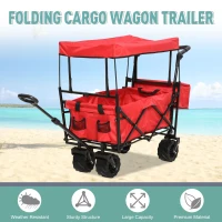 DURHAND Folding Push Pull Collapsible Wagon with Canopy and All-Terrain Wheels, Utility Rolling Cart Stroller for Beach and Shopping, Red(m-4)