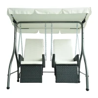 Outsunny Luxury Heavy-Duty Patio Swing Chair 2 Separated Seats Rattan Wicker Recliner Seat Garden Outdoor Canopy Cushion Steel, Black & Cream-white(m-1)