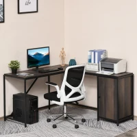HOMCOM L-Shaped Computer Corner Desk with Storage Cabinet, Adjustable Shelf, Large Tabletop and Black Steel Frame, Brown(m-8)