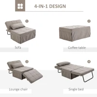 HOMCOM 4-In-1 Design Convertible Sofa Tea Table Lounge Chair Single Bed with 5-Level Adjustable Backrest, Footstool and Metal Frame for Living Room Bedroom, Light Brown(m-4)