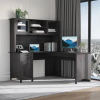 HOMCOM L-Shaped Desk with Hutch, Computer Desk with Drawers, Home Office Corner Desk Study Workstation Table with Storage Cabinets Shelves, Dark Gray(m-10)