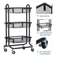 HOMCOM 3-Tier Rolling Cart Multifunction Utility Cart Storage Cart Trolley on Wheels with Mesh  Metal Basket Black(m-4)