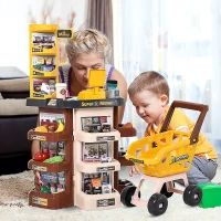 Qaba Kids Supermarket Playset with Shopping Cart Pretend Play Set Toys with Working Scanner & Credit Card Reader Play Toy Accessories Light & Sound for 3 to 6 Years Brown(m-2)